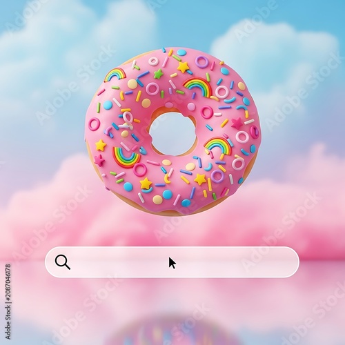 Whimsical Rainbow Donut Floating Above Cotton Candy Clouds with Search Bar.