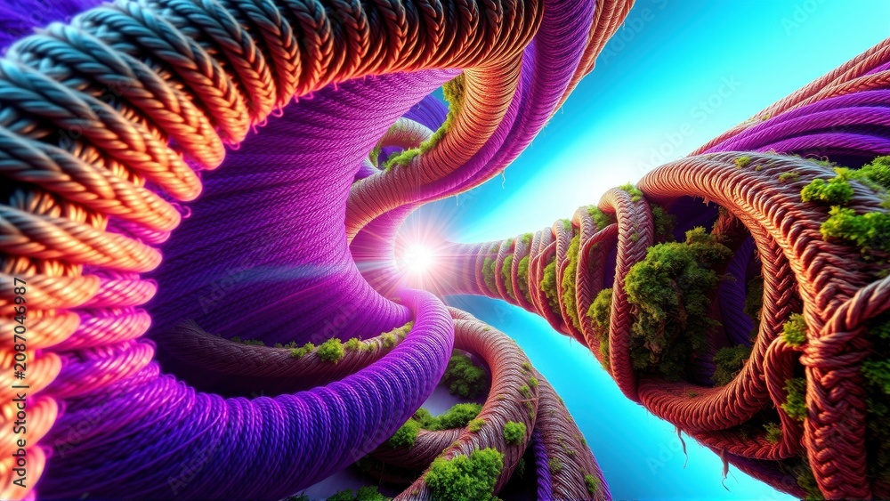 Fototapeta premium Vibrant twisting tunnels converge. Bright light emanates from center. Lush vegetation lines interior walls, creating surreal landscape.