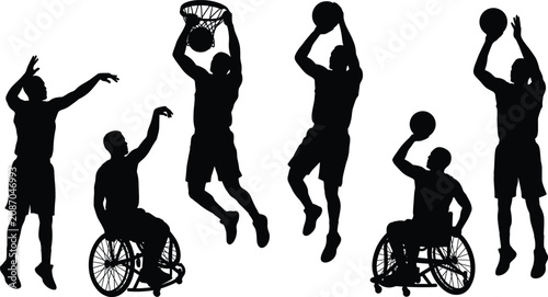 Фотография Basketball players and wheelchair basketball silhouettes set, adaptive sports ve