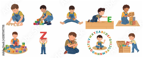 Set of illustrations featuring a young boy playing with alphabet blocks and learning letters for early education and childhood development.