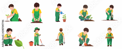 Set of flat vector illustrations of a little boy gardening, planting seeds, watering sprouts, and caring for nature