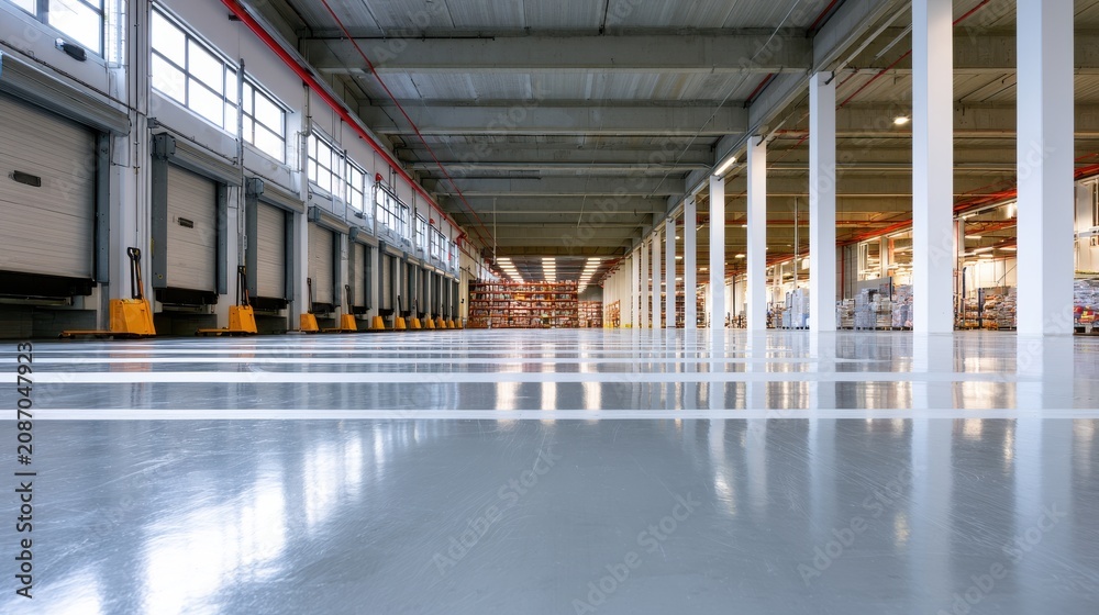 Obraz premium Large empty modern industrial warehouse with shiny polished concrete floors and multiple loading dock doors