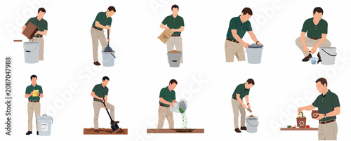 Konstfotografi Step-by-step guide to Bokashi composting process illustration set with a man man