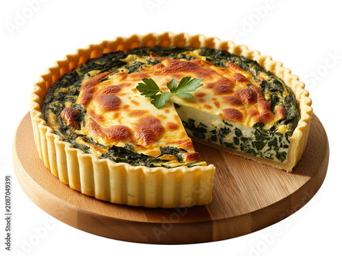 Delicious Homemade Spinach and Ricotta Quiche Baked in a Fluted Crust on a Round Wooden Serving Board