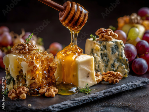 Rich honey dripping onto cheese and honeycomb with walnuts and grapes