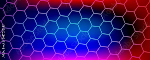 Abstract dark hexagon pattern on red neon background technology style. Modern futuristic geometric shape web banner design. You can use for cover template, poster, flyer, print ad. Vector illustration