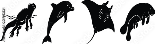 Canvas Print Set of black silhouettes featuring marine wildlife including marine iguana dolph
