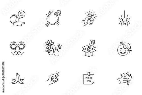 Bild auf Leinwand Set of April Fools Day prank and practical joke line art icons including hand bu