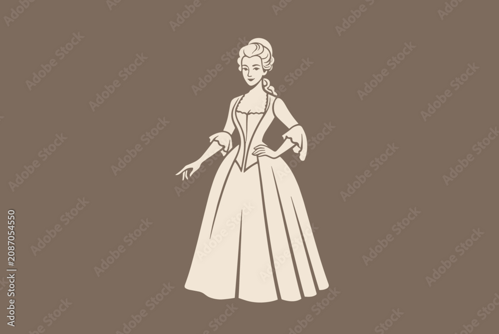 Fototapeta premium Beautiful sketch of an elegant woman in an eighteenth century historical gown on a solid brown background.