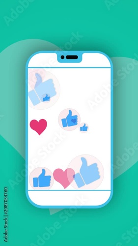 Modern smartphone mockup with floating blue like and heart emoji icons representing social media marketing engagement
