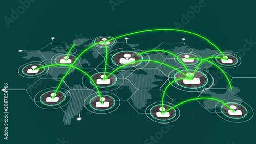 Global communication network with glowing green lines connecting user icons over a stylized world map background