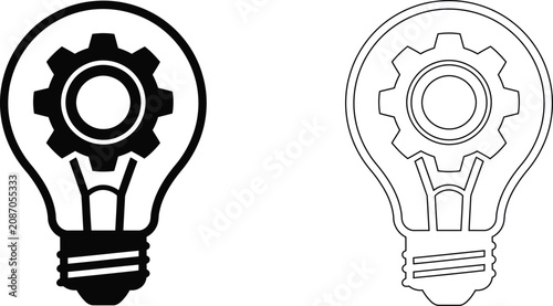 Innovation and creativity icons featuring lightbulbs with internal gears in solid and outline style