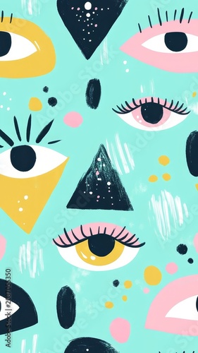 Abstract eye pattern illustration with geometric shapes and vibrant pastel colors for artistic wallpaper background design.