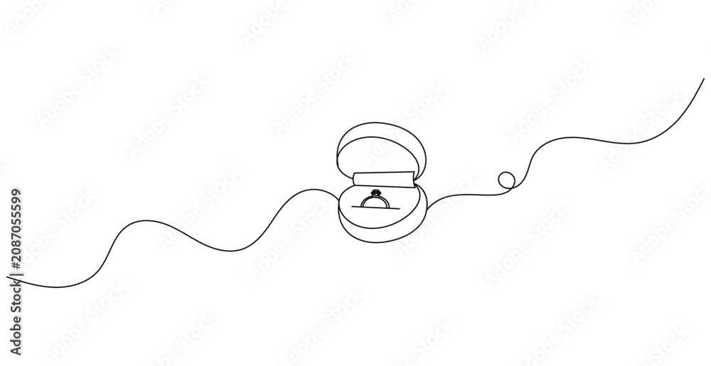Obraz premium Continuous one line drawing of an engagement ring in an open box.