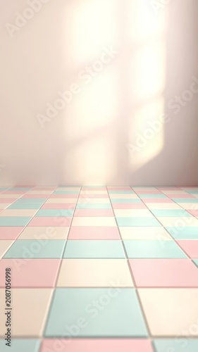 Minimalist interior background with pastel checkerboard floor tiles and soft sunlight shadows casting on neutral walls.