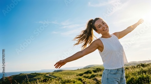 Happy woman with arms outstretched enjoying the sun in a coastal landscape