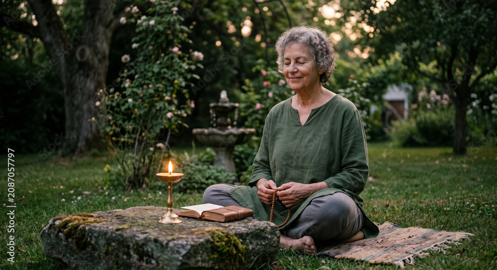 Obraz premium Mature woman practicing meditation with prayer beads, candle, and book in a peaceful green garden setting.