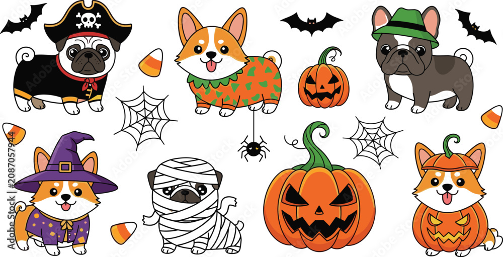 Fototapeta premium Cute Halloween Dog Vector Icon Set with Corgi, Pug, and French Bulldog in Spooky Costumes, Pumpkins, Bats, and Webs for Autumn Party Designs