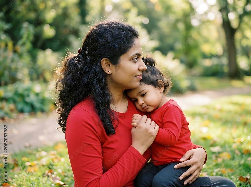 Fototapeta premium Indian mother hugging her little daughter in a sunny park