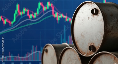 Industrial oil barrels against stock market trading chart, crude oil price fluctuations and energy commodity trading, global fuel economy concept