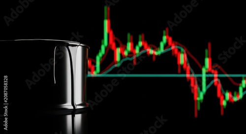 Crude oil barrel with stock market candlestick chart, petroleum industry price volatility concept, global energy trade and financial market analysis