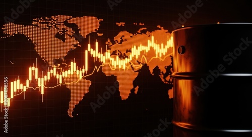 Global oil market analysis with crude oil barrel, glowing financial stock chart and world map background, energy industry economic concept
