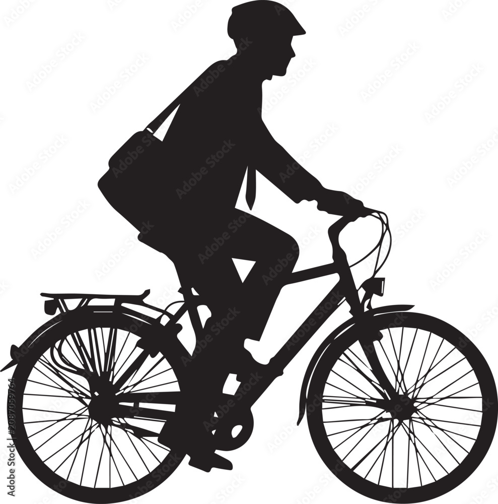 Fototapeta premium Businessman riding a bicycle silhouette, commuter cycling to work with messenger bag vector isolated on white background