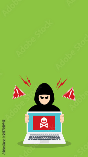 Cyber Threat Warning Hacker Holding Infected Laptop With Malware Alert Flat Vector Illustration	