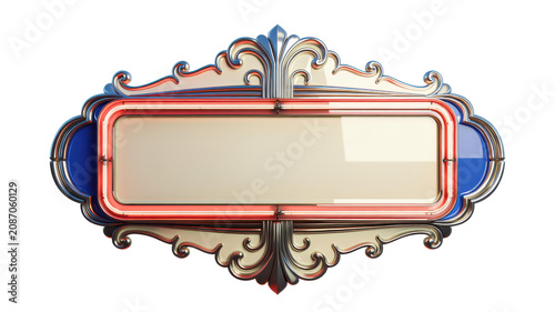 Ornate vintage style rectangular sign frame with red neon tubing, metallic silver edges, and blue accents isolated on a white background
