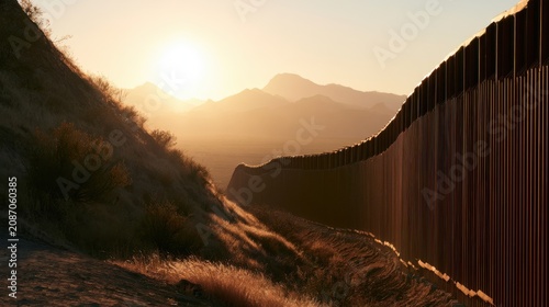 Metal border wall stretching across a desert mountain landscape at sunset