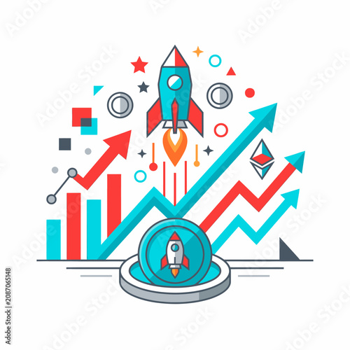 Business growth success upward trend rocket launch financial progress and ambition illustration for business concepts