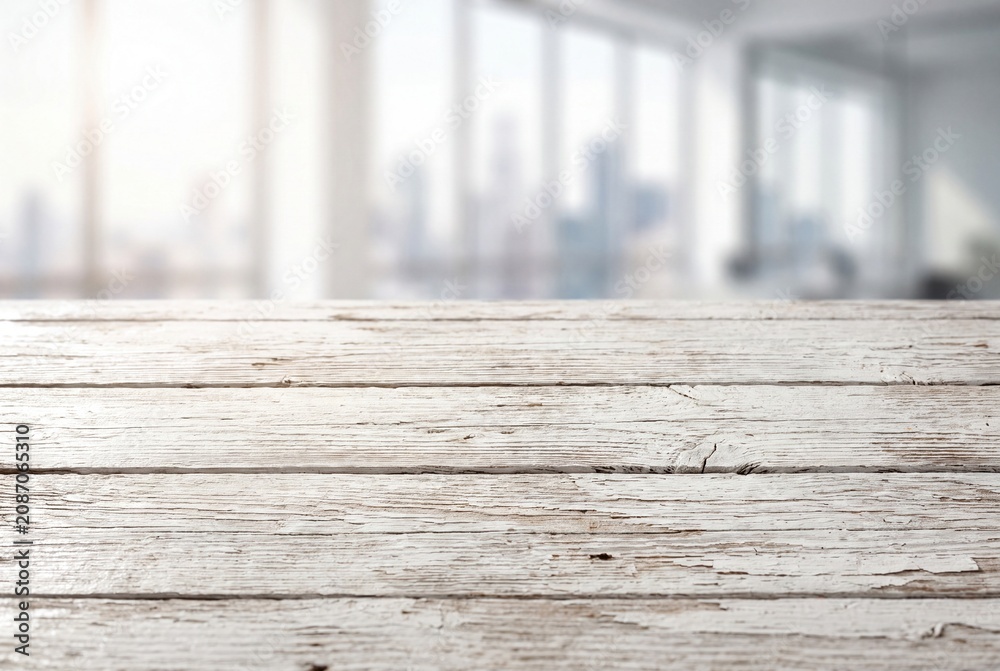 Fototapeta premium Empty wooden table top with blurred office background