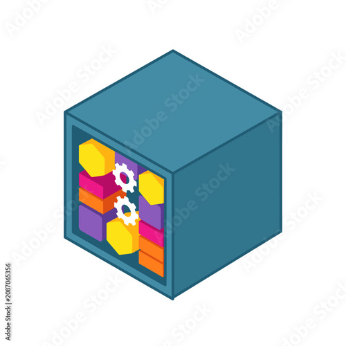 Colorful gears inside a cube mechanism design abstract puzzle concept mechanical engineering technology background