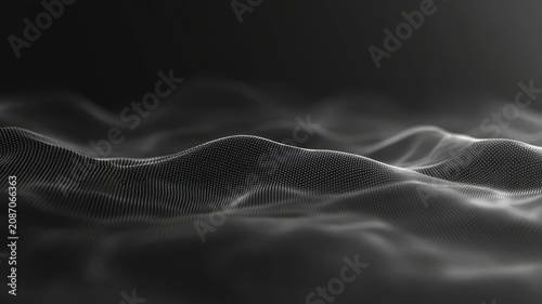 Abstract digital wave pattern with particles floating on dark background for modern technology and data visualization projects.