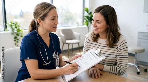 Doctor consulting patient, discussing medical chart, health check-up, patient care