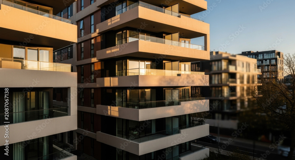 Fototapeta premium Modern Residential Apartments With Sunrise Light Bathed Balconies And Windows