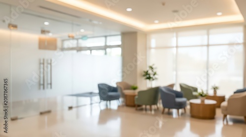 blurred interior background of a modern corporate lobby with colorful lounge seating, glass walls, and bright natural light.