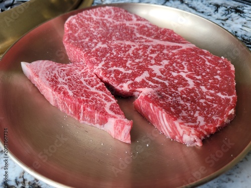 Premium Korean Native Beef Hanwoo Ribeye Steak on Brass Plate