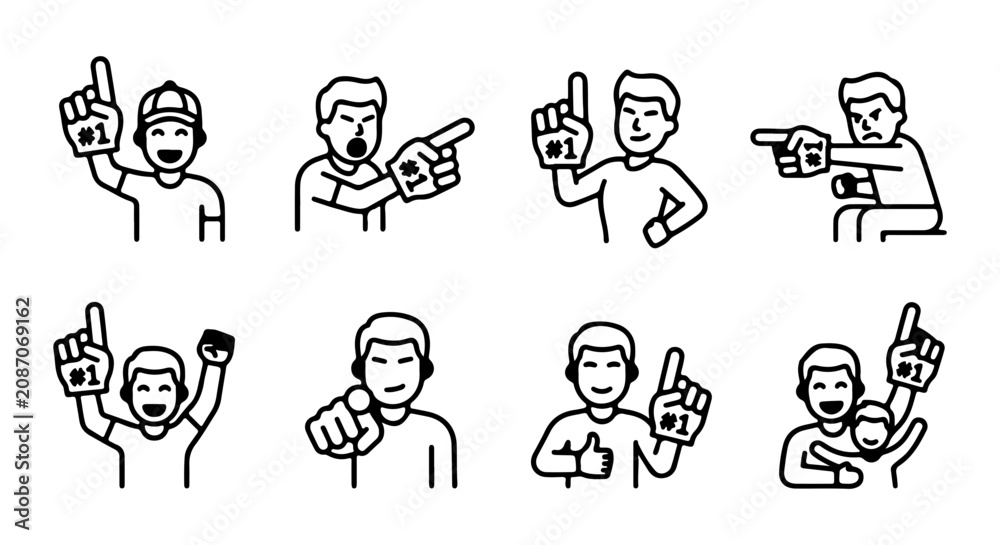 Fototapeta premium Sports Fan Icons, Number One Finger Gesture, Cheering Crowd Vector Set, Celebration Graphics