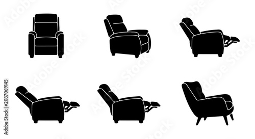 Fotografie Recliner Chair Silhouettes, Six Views of Comfortable Furniture, Modern Upholster