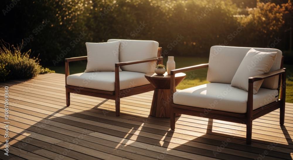 Fototapeta premium Modern Outdoor Lounge Seating On A Wooden Deck At Sunset