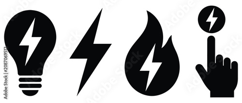Konstfotografi Set of electrical energy and power related black icons with electricity electric