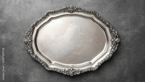 Stylish silver platter with detailed borders on a textured gray backdrop. Blank area. Overhead view.