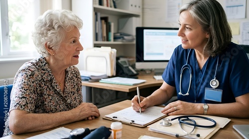 Doctor consulting with elderly patient in medical office