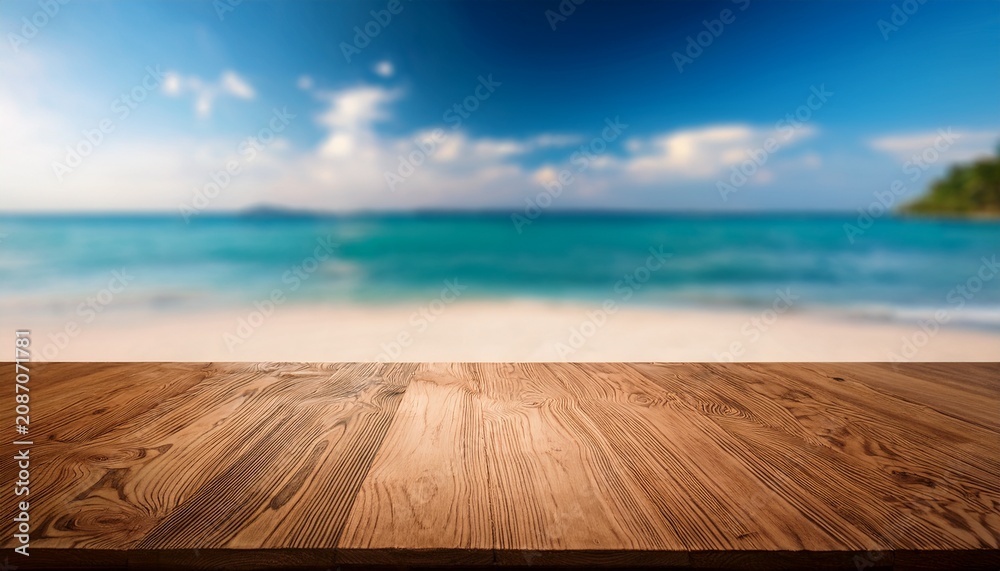 Fototapeta premium wooden board empty table in front of blurred background mockup restaurants kitchen sea beach nature