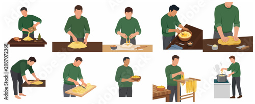 Bild auf Leinwand Step-by-step flat illustration set of a man making fresh homemade pasta, from mixing ingredients and kneading dough to cutting and boiling noodles