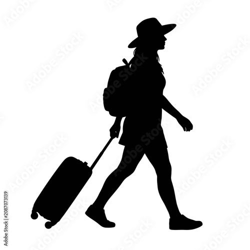 Photography Traveler silhouette, tourist with luggage, vacationer icon, backpacker symbol is