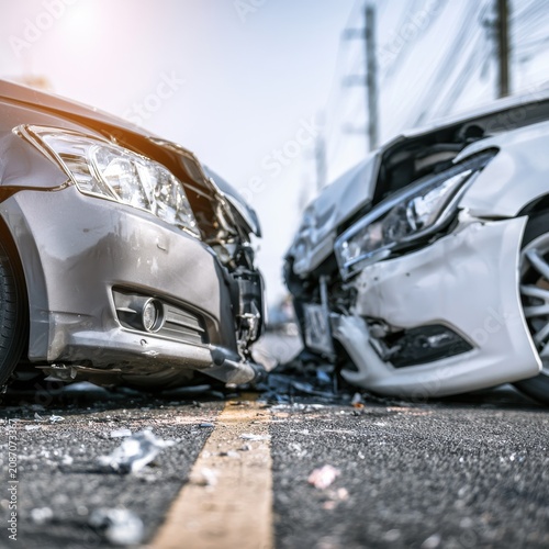 Frontal Head-On Car Collision and Crash Scene on a City Street with Vehicle Damage