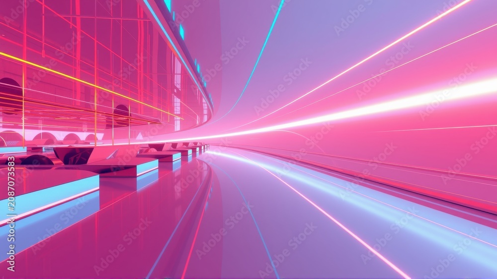 Fototapeta premium Futuristic cityscape. Bright pink, blue lights create dynamic perspective. Minimalist design, sleek architecture, abstract forms dominate scene.