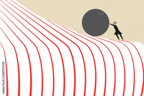 Business woman pushing a white ball up a steep hill, concept of struggle, hard work, perseverance, and challenge